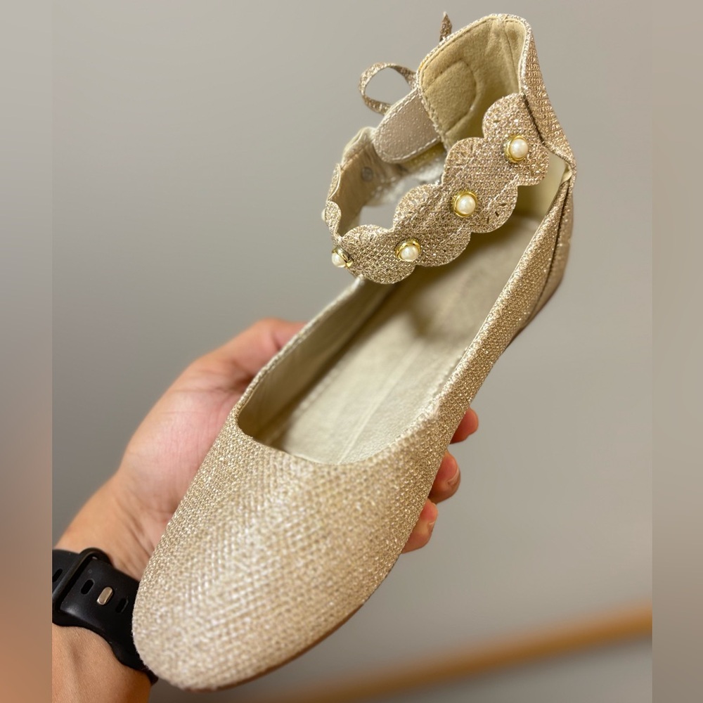 Charming Gold Kids Dress Shoes with Pearl Details